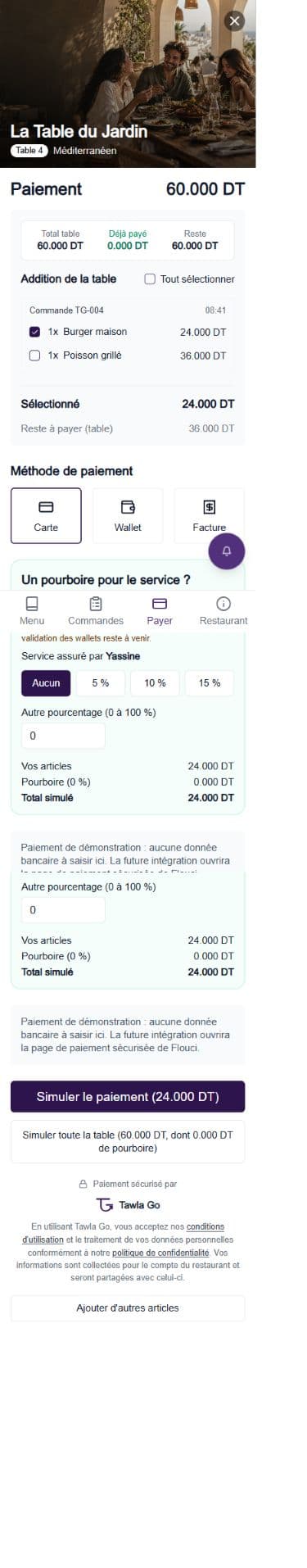 Écran Tawla Go : Addition, données de démonstration