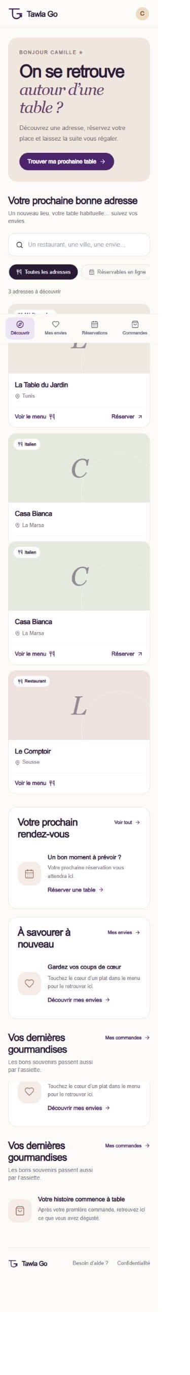 Écran Tawla Go : Restaurants, données de démonstration