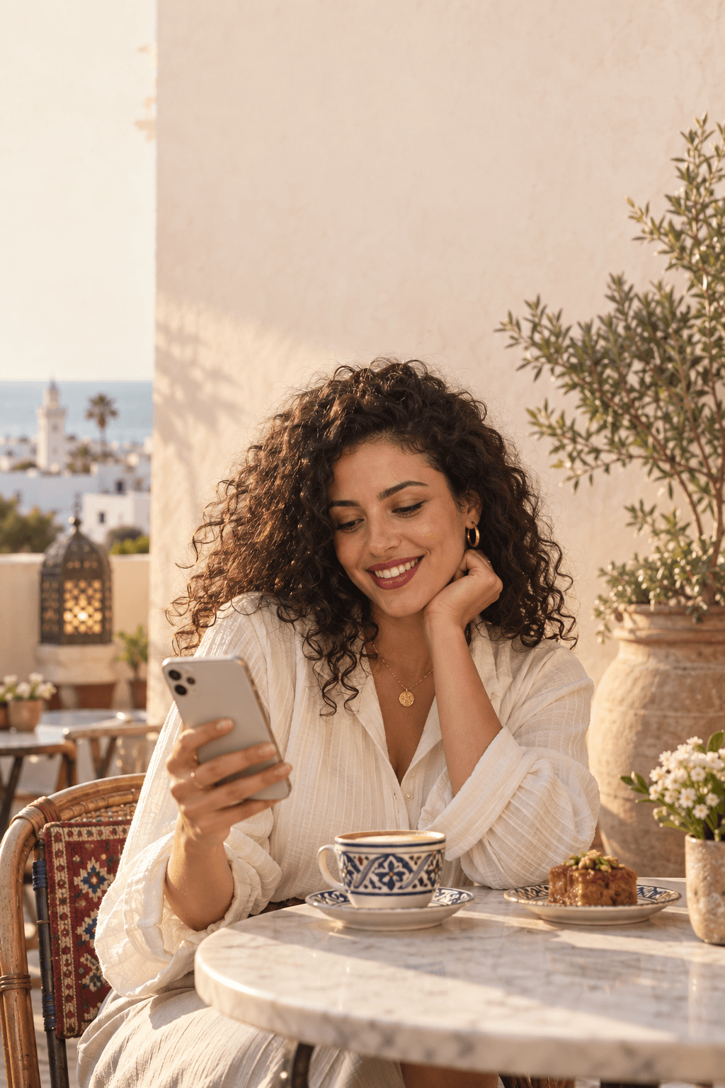 Une cliente consulte son téléphone au restaurant